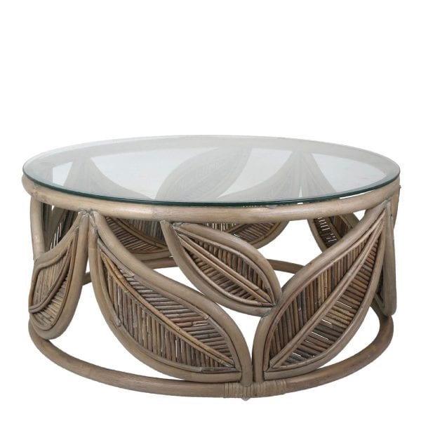 LEAF Rattan and Glass Coffee Table - 80cm Grey