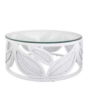 LEAF Rattan and Glass Coffee Table - 80cm White