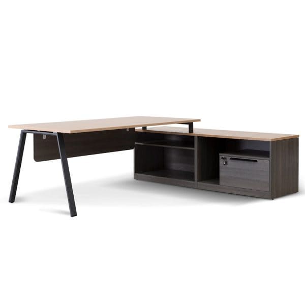 KER Right Return Office Desk - 1.8m Black with Natural Top - Image 2