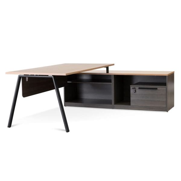 KER Right Return Office Desk - 1.8m Black with Natural Top - Image 4