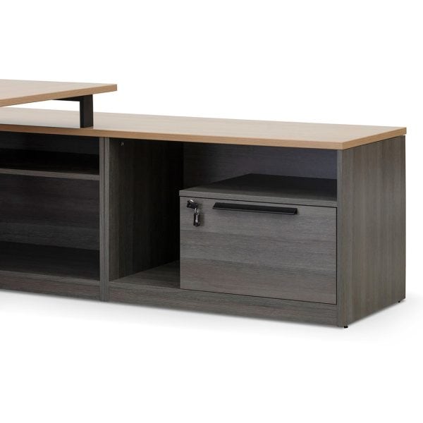 KER Right Return Office Desk - 1.8m Black with Natural Top - Image 6